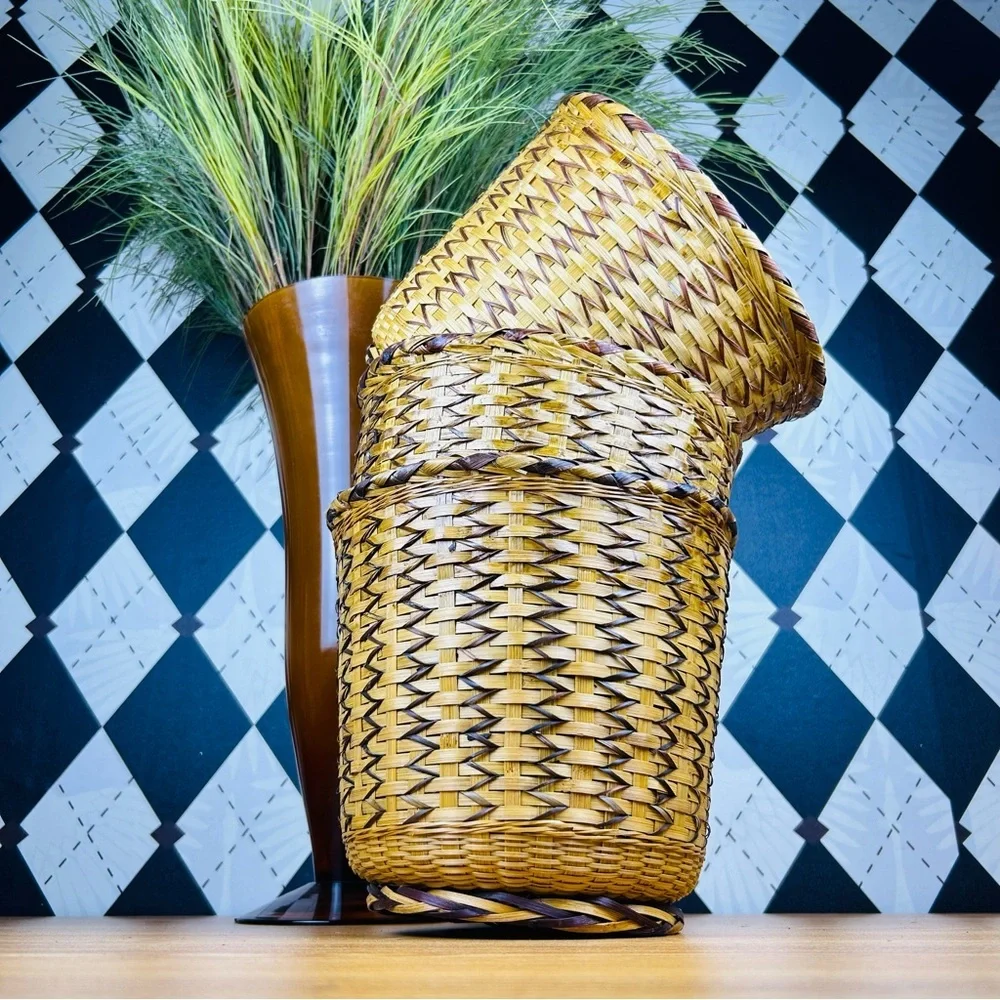 Vintage Woven Basket Set of 3‎ Primitive Natural Reed Set Rustic Traditional